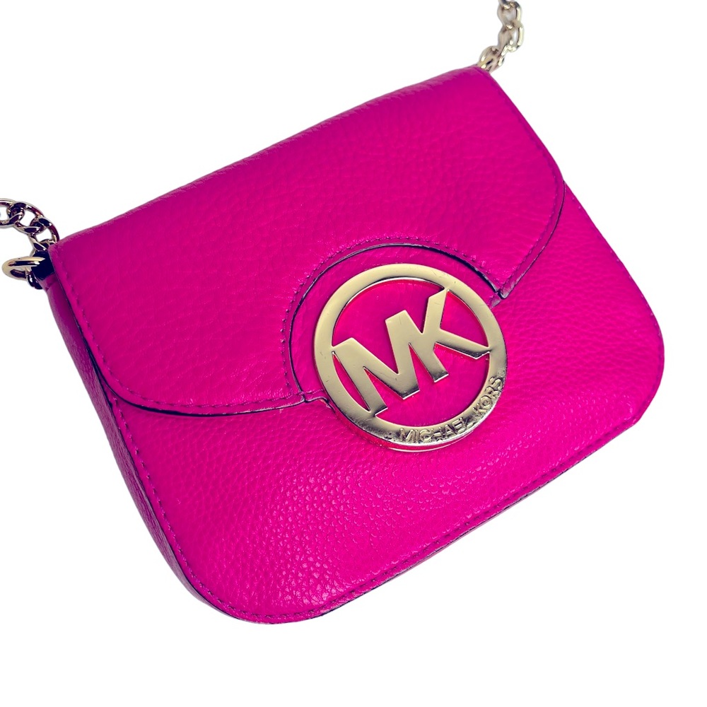Michael Kors Small Hot Pink & Gold Leather Crossbody Purse - Picture 2 of 10